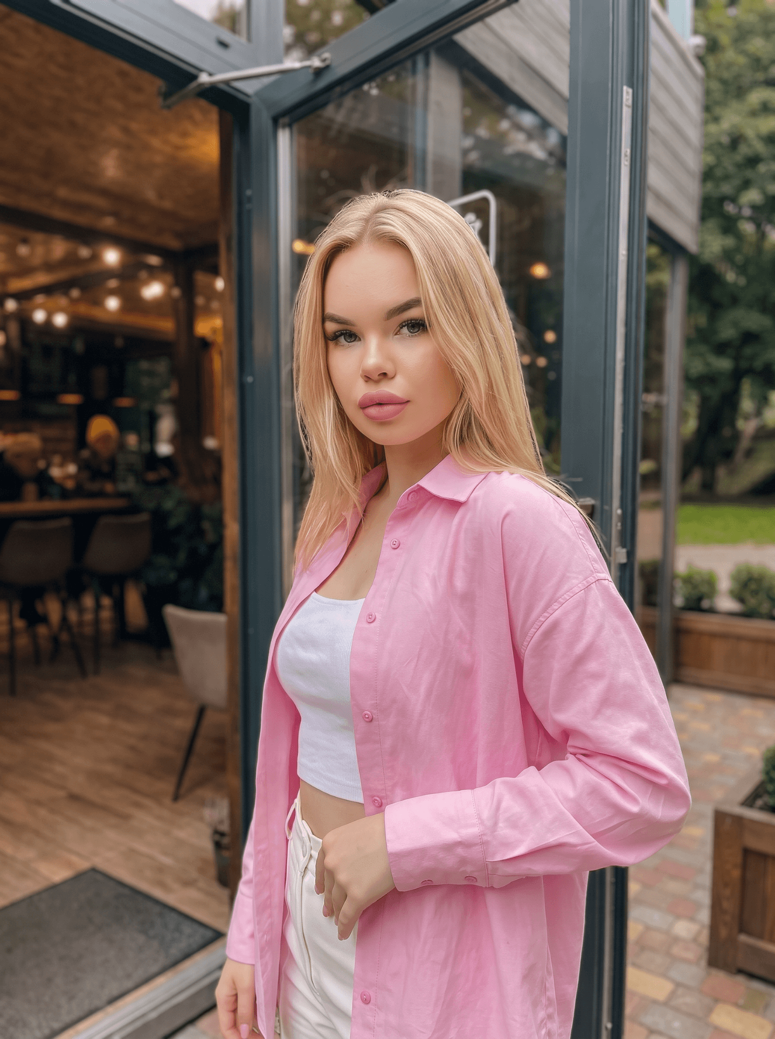 Кадр у входа в кафе из единой AI-фотосессии